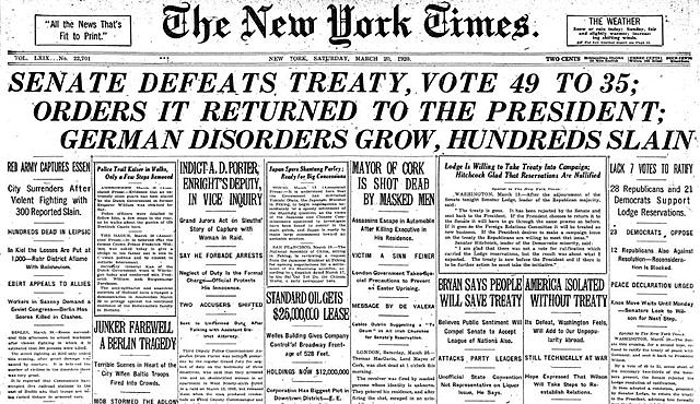 US Senate Rejects Treaty of Versailles