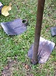 La Clàudia amaga l'aixada en uns matolls