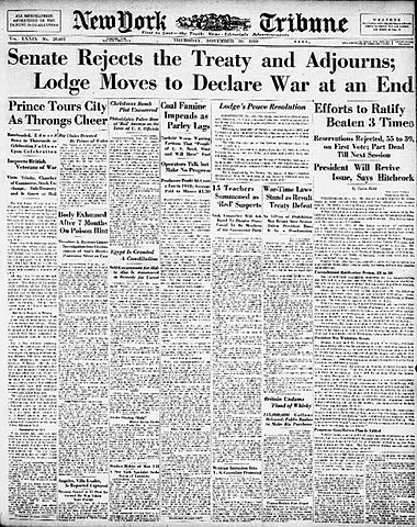 US Senate Rejects Treaty of Versailles