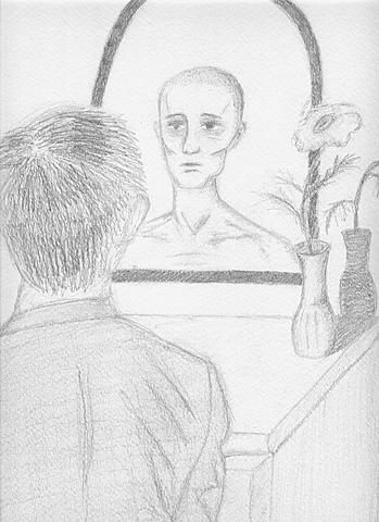 Eliezer looks in a mirror after liberation.