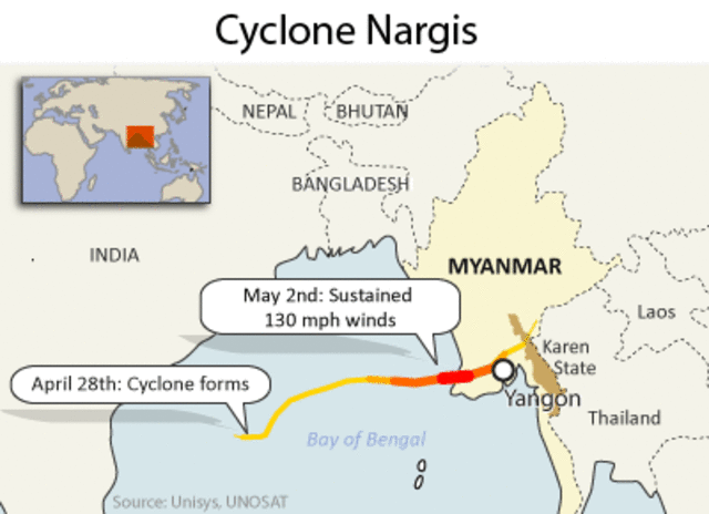 Cyclone Nargis made landfall in Myanmar