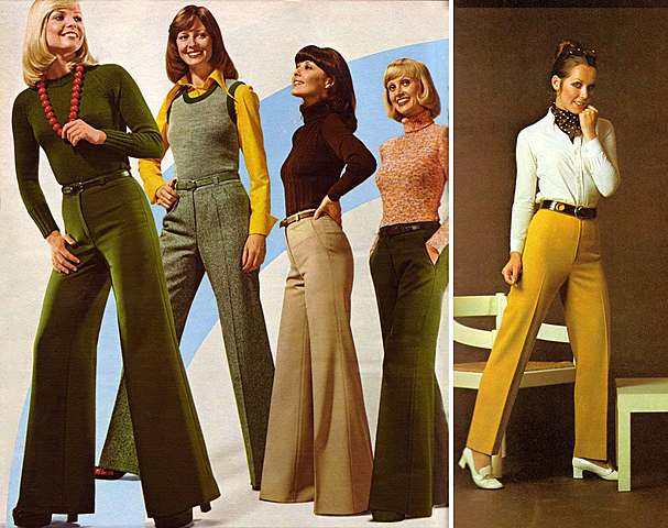 Bell bottom pants, Frayed jeans, Midi skirts 1970 fashion