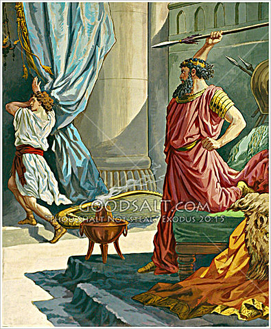 Saul try's kill David while playing harp