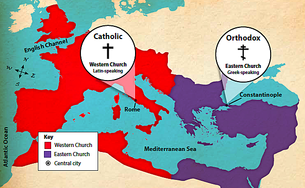 The Christian Church split apart, and the Western Catholic and Eastern Orthodox churches were established.