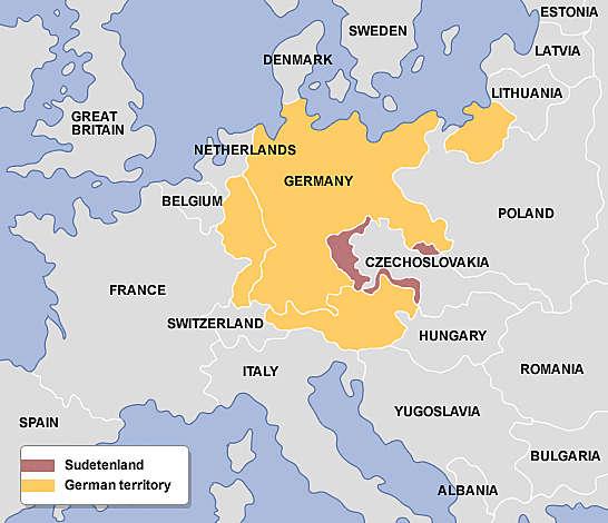 Germany annexed the Czech región of Sudetenland