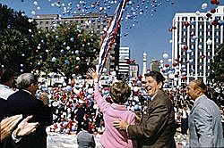 Decade of Ronald Reagan and conservative USA