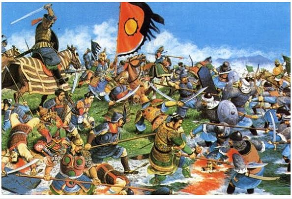 Batalla de Talas. Los árabes capturan a los obreros chinos del papel y de la seda.