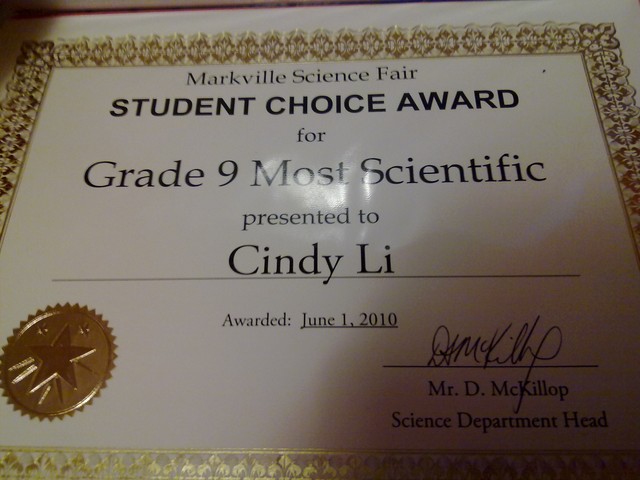 Science Fair Certificate: Grade 9 Most Scientific