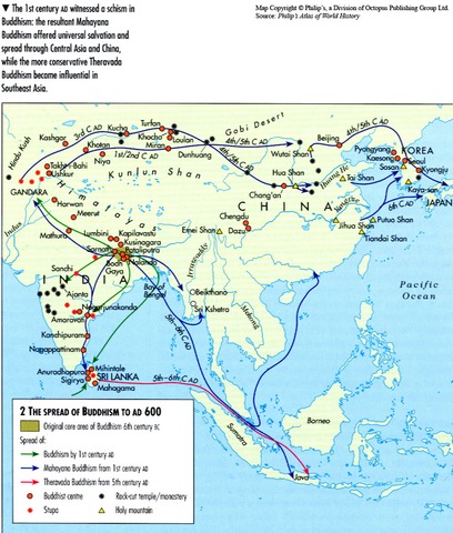Buddhism spreads along silk roads from India.