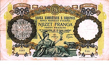 Kartëmonedhë 20 franga prerje e vitit 1939