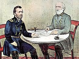Robert E. Lee surrenders to Ulysses S. Grant