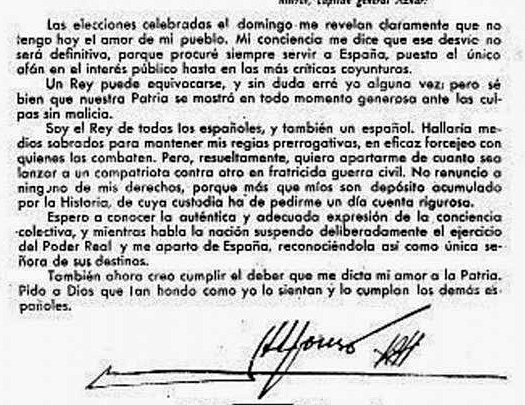 Manifiesto de Alfonso XIII y proclamación de la II República