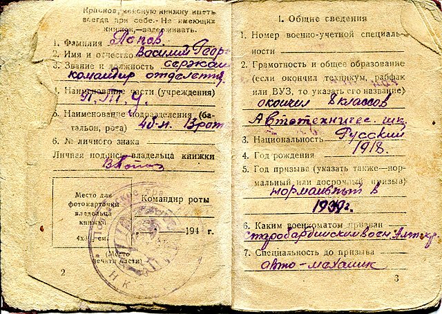 Красноармейская книжка Попова В. Г.