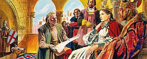 Convinces Queen Isabella and King Ferdinand of Spain,to pay for the trip.