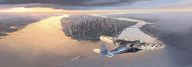 Prof - L'artistique / Romain Hugault&nbsp;: «&nbsp;Latécoère 521, New York 1939&nbsp;» (crayon sur papier puis mise en couleurs numérique, panoramique de 1,18m, destiné à une BD sur Antoine de Saint-Exupéry qui sera publiée d’ici fin 2020 aux Editions Paquet) - 2020