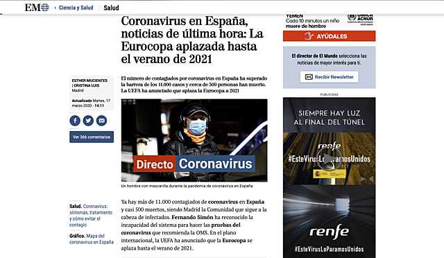 17 de marzo:Coronavirus en España, noticias de última hora: La Eurocopa aplazada hasta el verano de 2021