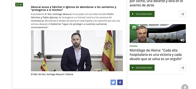 20 de marzo: Abascal acusa a Sánchez e Iglesias de abandonar a los sanitarios y "protegerse a sí mismos"