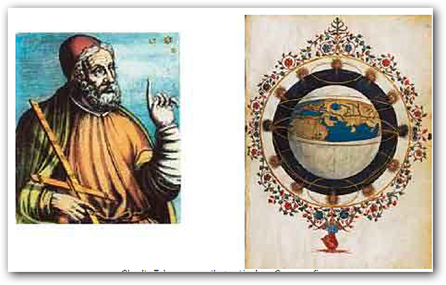 Claudio Tolomeo y una ilustración de su Cosmografía.