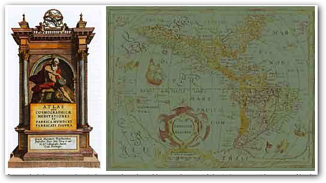 La portada de la primera colección de mapas efectuada por Mercator y la imagen de las Américas en su Atlas menor, publicado por Hondius en el año 1607.