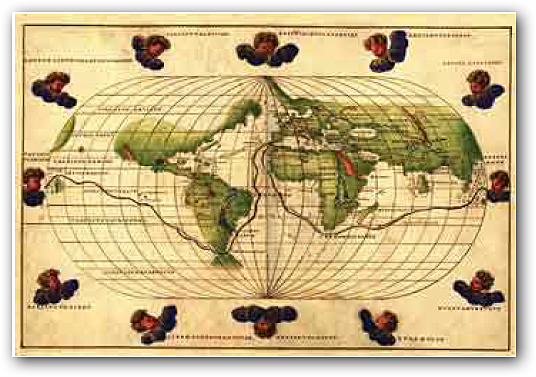 Mapamundi de Battista Agnese, Venecia, con la ruta de la circunnavegación.