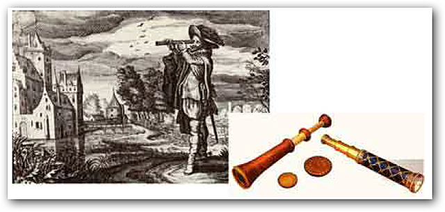 Aparición del anteojo de color marrón y de color azul es un conjunto reloj-telescopio