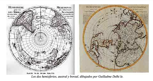 Los dos hemisferios, austral y boreal, dibujados por Guilladme Delhi le.