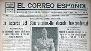 Abril de 1937	Franco promulga el día 19 el llamado Decreto de Unificación, por medio del cual crea una única formación política legal bajo su mando: FET y de las JONS.