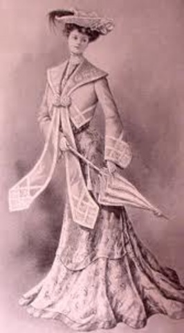 Morning/afternoon dresses, evening gowns, simple dresses.  Less occasion-specific. Wore suits with blouses and had sporting clothes.  Suits were jackets and long skirts. The clothing showed off a woman's tightly corseted torso. Later, elegant dresses were