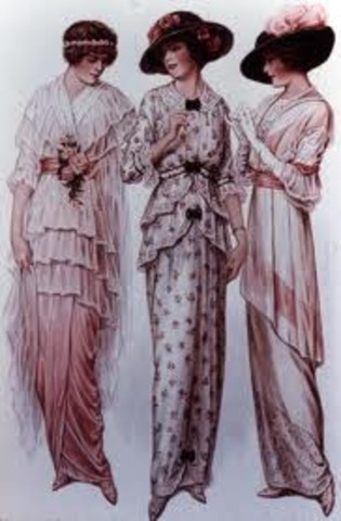 Fashion began to loosen up.  Softer lines rather than using corsets.  Tea gowns were worn, having a long, slim shape.  Pleated skirts with belts at the hip.  Peasant dresses had embroidered designs.  Smocking and bright fabrics were also popular.  The des