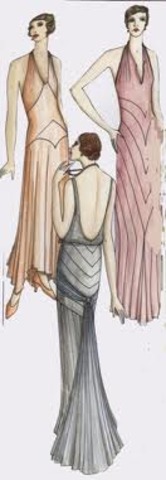 The straight chemise was belted and lenthened.  It hugged the body and had much movement.  Sportswear became more popular. Bright, wool swimsuits with large hats became a fad. Long, wide-skirted, narrow-waisted gowns of chiffon brought an essence of popul