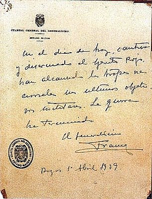 El general Franco hace público el último parte bélico: la guerra ha terminado con la victoria de quienes se habían sublevado tres años antes