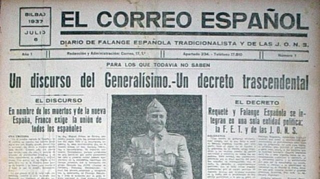 Franco promulga el día 19 el llamado Decreto de Unificación, por medio del cual crea una única formación política legal bajo su mando: FET y de las JONS.