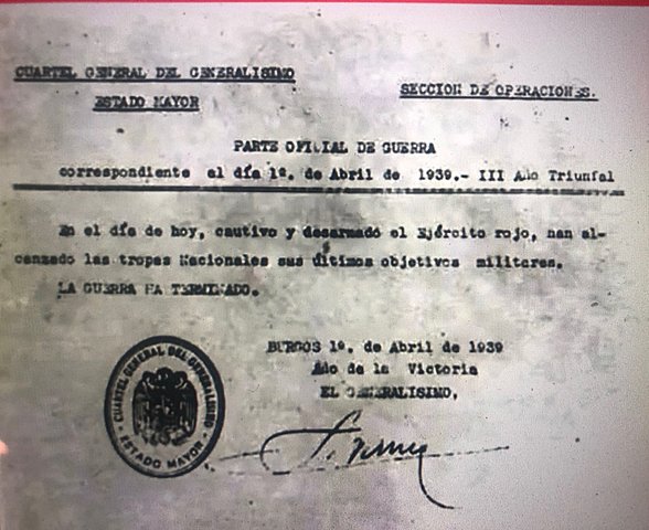 El general Franco hace público el último parte bélico el día 1: la guerra ha terminado con la victoria de quienes se habían sublevado tres años antes.
