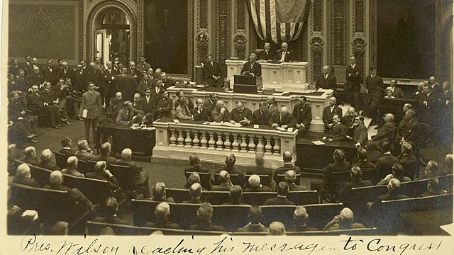 President Woodrow Wilson presents to Congress his outline of Fourteen Points required for peace.