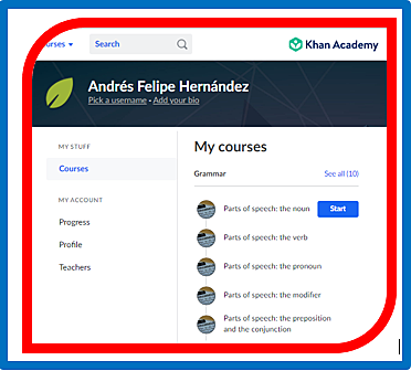 Students learn grammar aspects through Khan Academy.