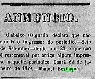 manoel bevilaqua nao e mais o impressor do periodico sete de setembro