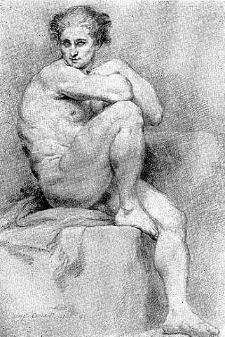 П. И. Соколов. Сидящий натурщик. Рисунок. Карандаш, мел на цветной бумаге. 1785 г. Ленинград, Музей Академии художеств СССР.