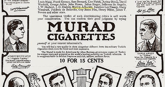 La primera promoción de una celebridad se produce cuando Fatty Arbuckle afirma que los cigarrillos Murad