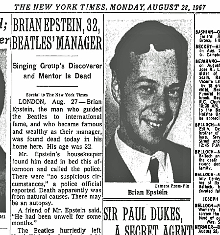 "Fifth Beatle" Brian Epstein dies