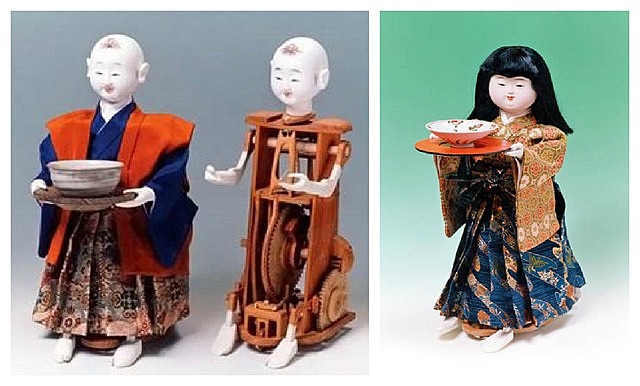 Juguetes mecánicos japoneses que sirven té, disparan flechas y pintan.