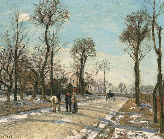 Camino, sol de invierno y nieve de Pissarro