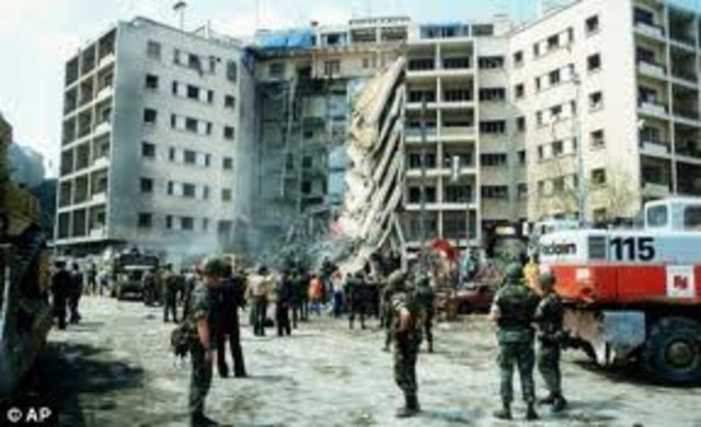 US embassy is destroyed by bomber. 25 killed