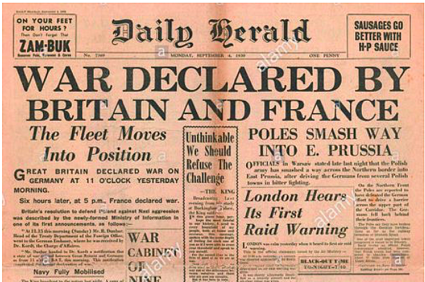 France and Great Britain declare war on Germany.