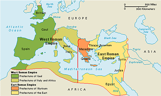 The split of the Roman Empire (start of the Byzantine Empire)