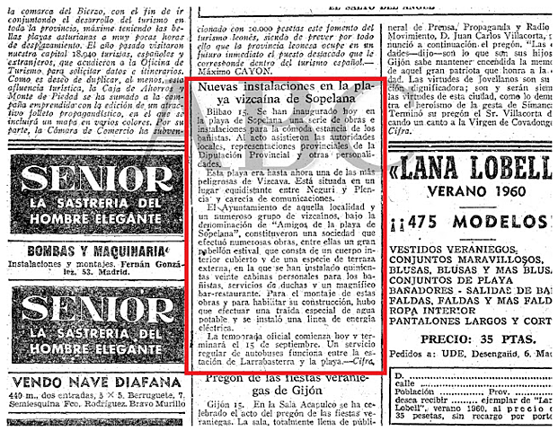 ABC, 1960: "Nuevas instalaciones en la playa vizcaína de Sopelana".
