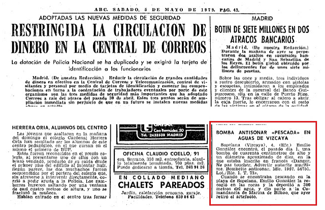ABC, 1979: "Bomba antisonar 'pescada' en aguas de Vizcaya" (Sopelana).