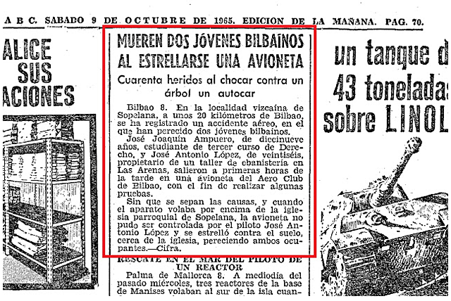 ABC, 1965: "Mueren dos jóvnes bilbaínos al estrellarse una avioneta".