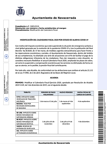 MODIFICACIÓN DEL CALENDARIO FISCAL 2020