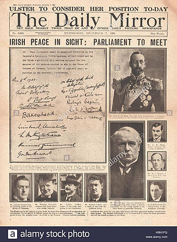 Se firma el tratado anglo irlandés que pone fin a la guerra de Independencia, estableciendo el estado libre de Irlanda dentro del Imperio Británico.