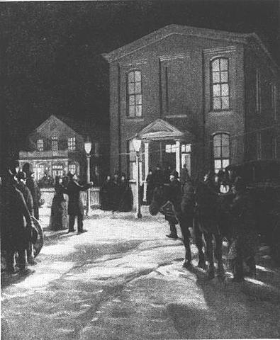 Edison lights up a street in Menlo Park using incandescent light bulbs